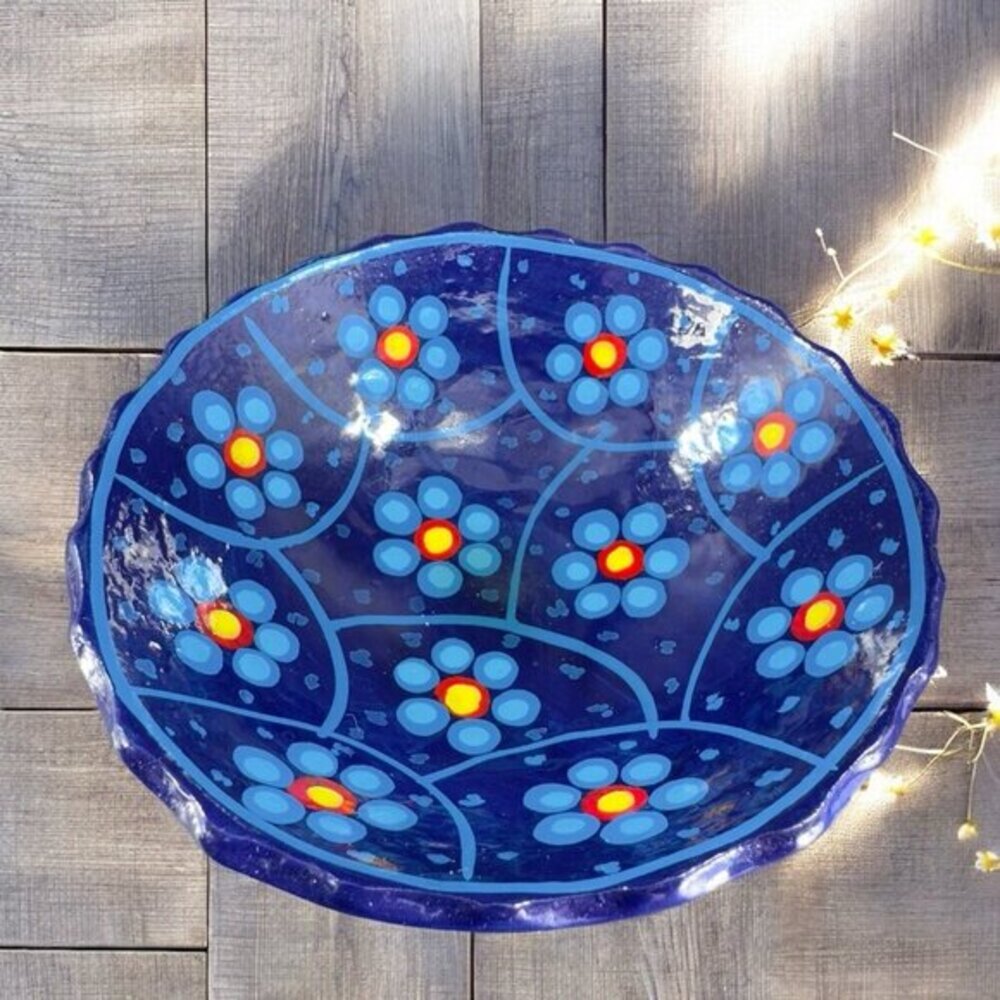 Mexico‎ Folk Art Pottery Dish Bowl Footed Salsa Dish Bowl Cobalt Blue Floral VTG